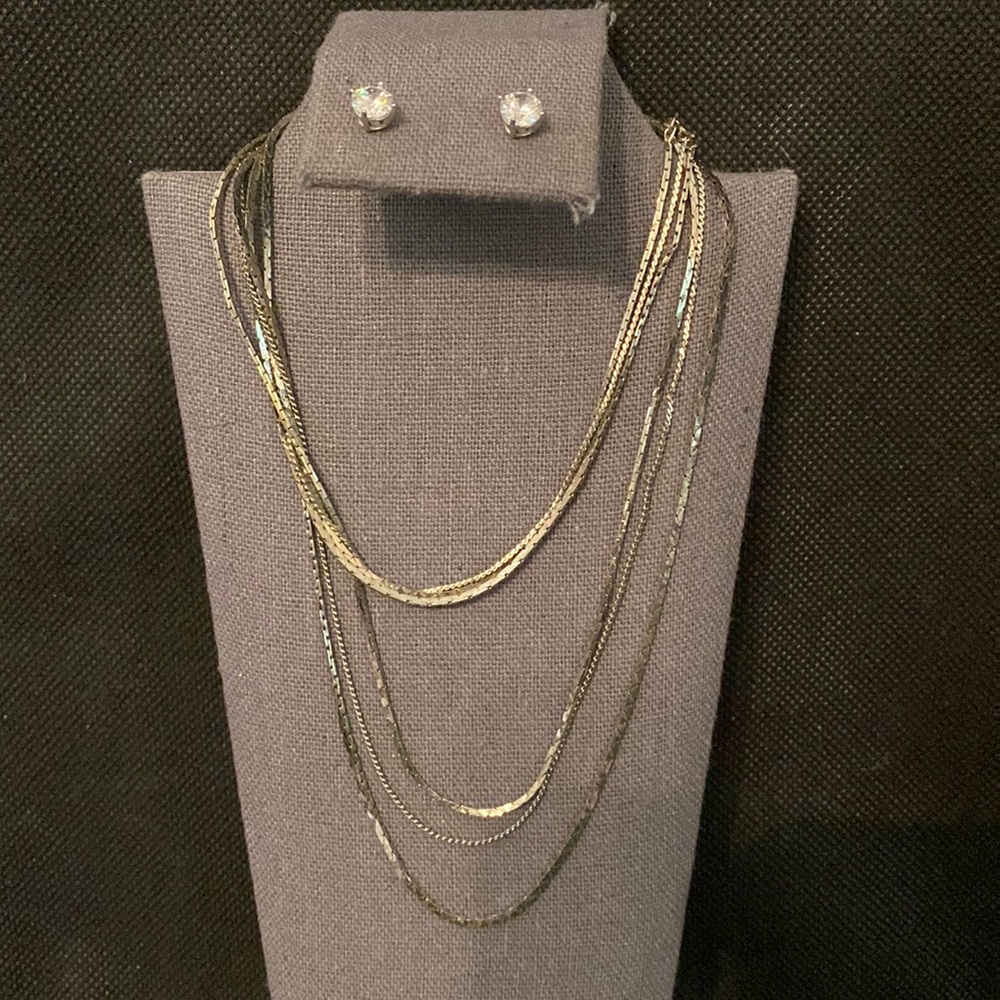 Vintage tri-strand silver long necklace with rhinestone earrings
